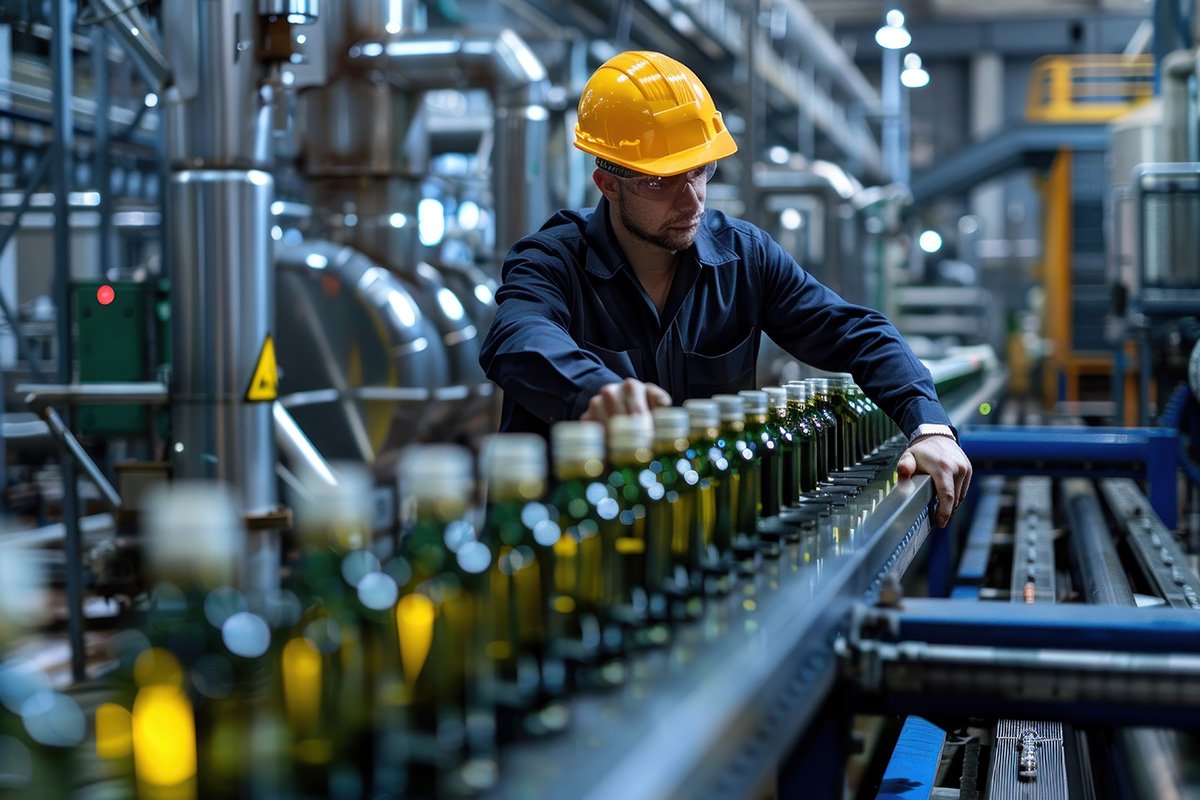 operario trabajando en una fabrica con maquinaria y botellas